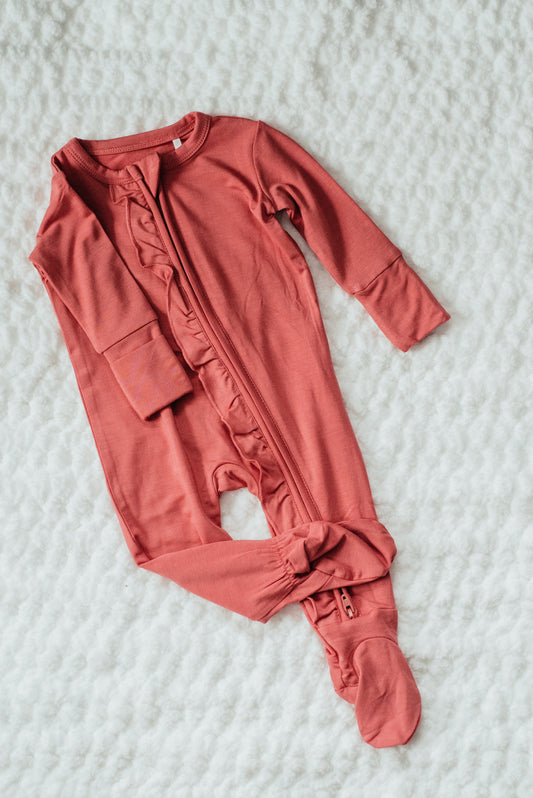 Bamboo Ruffled Baby Girl Sleepers  -Dusty Rose